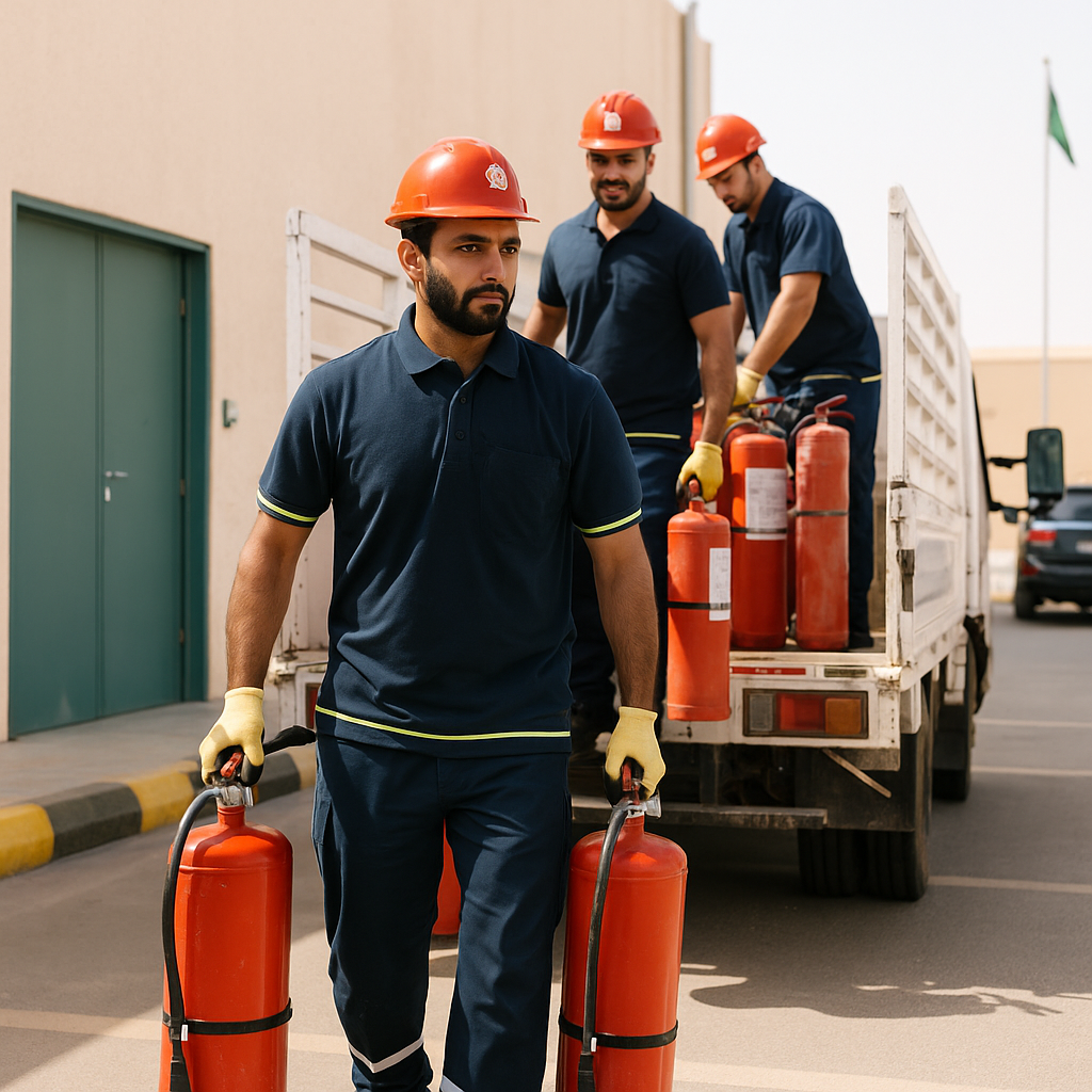 فريق عمل متخصص في سحب الطفايات من موقع العميل وصيانتها وإرجعاها للموقع مرة أخرى